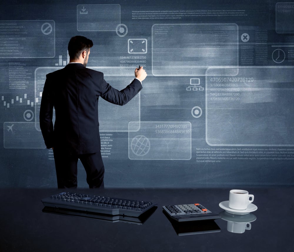 A confident office worker drawing digital chart boxeswith numbers illustration in the middle of a conference meeting concept
